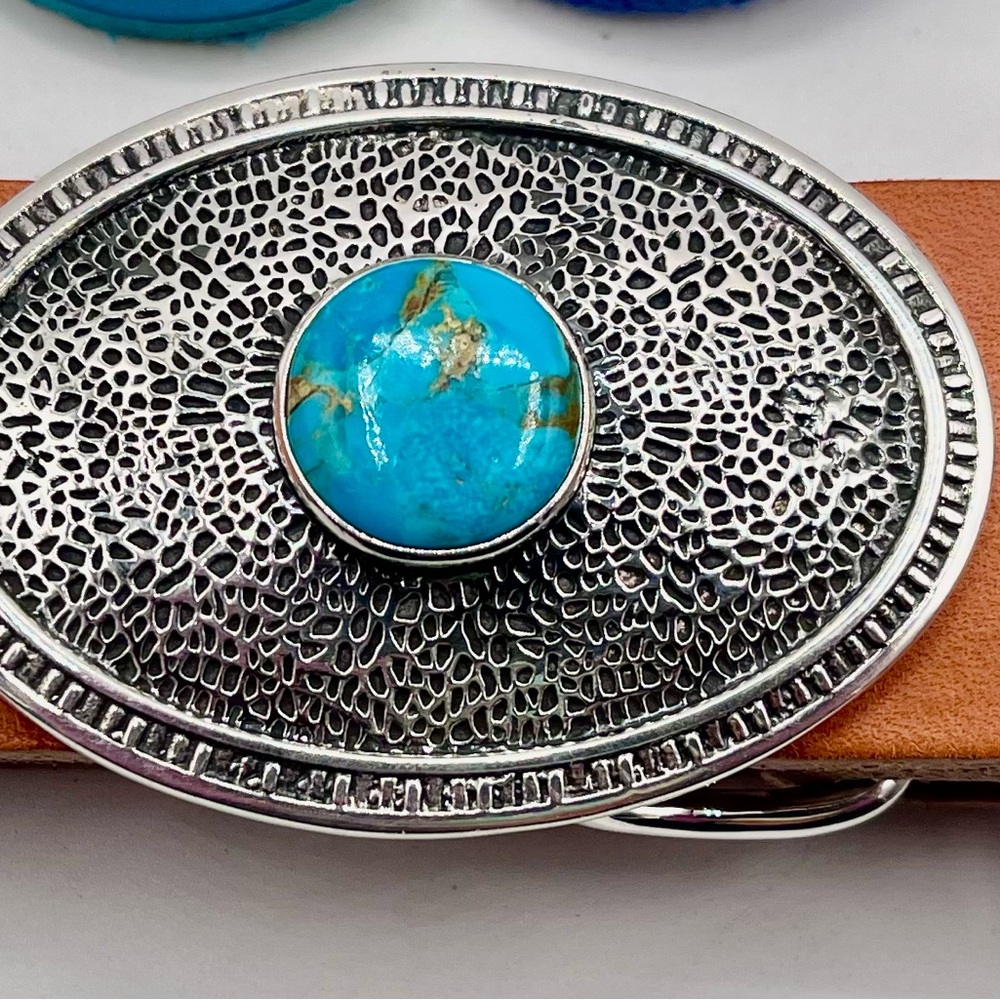 Sterling silver " Desert Oasis " hammered oval buckle with Turquoise Cabachon.